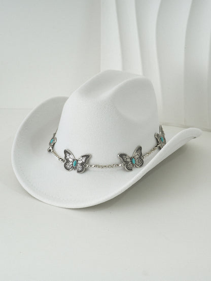 Women'S Bohemian Turquoise & White Cowboy Hat - Felt Wide Brim Sun Hat with Butterfly Metal Chain Accent, Non-Stretch Formal & Western Style for Christmas, Festivals, Casual Attire - Hand Washable Elegant Felt Cowboy Cap, Cow