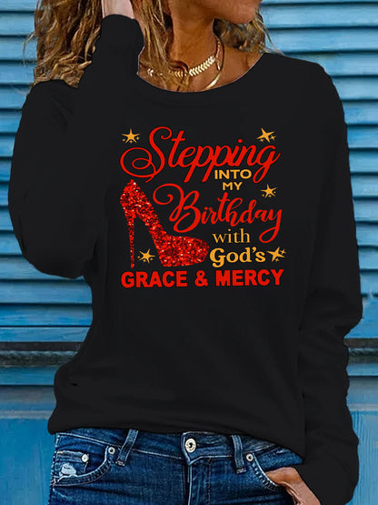 Women'S Christian Faith-Inspired "Stepping Into Birthday with God'S Grace & Mercy" Red High Heel Print Long Sleeve T-Shirt - Soft Breathable 95% 5%, Casual & Streetwear Style, Birthday Outfit, Trendy Streetwear, Medium Stretc