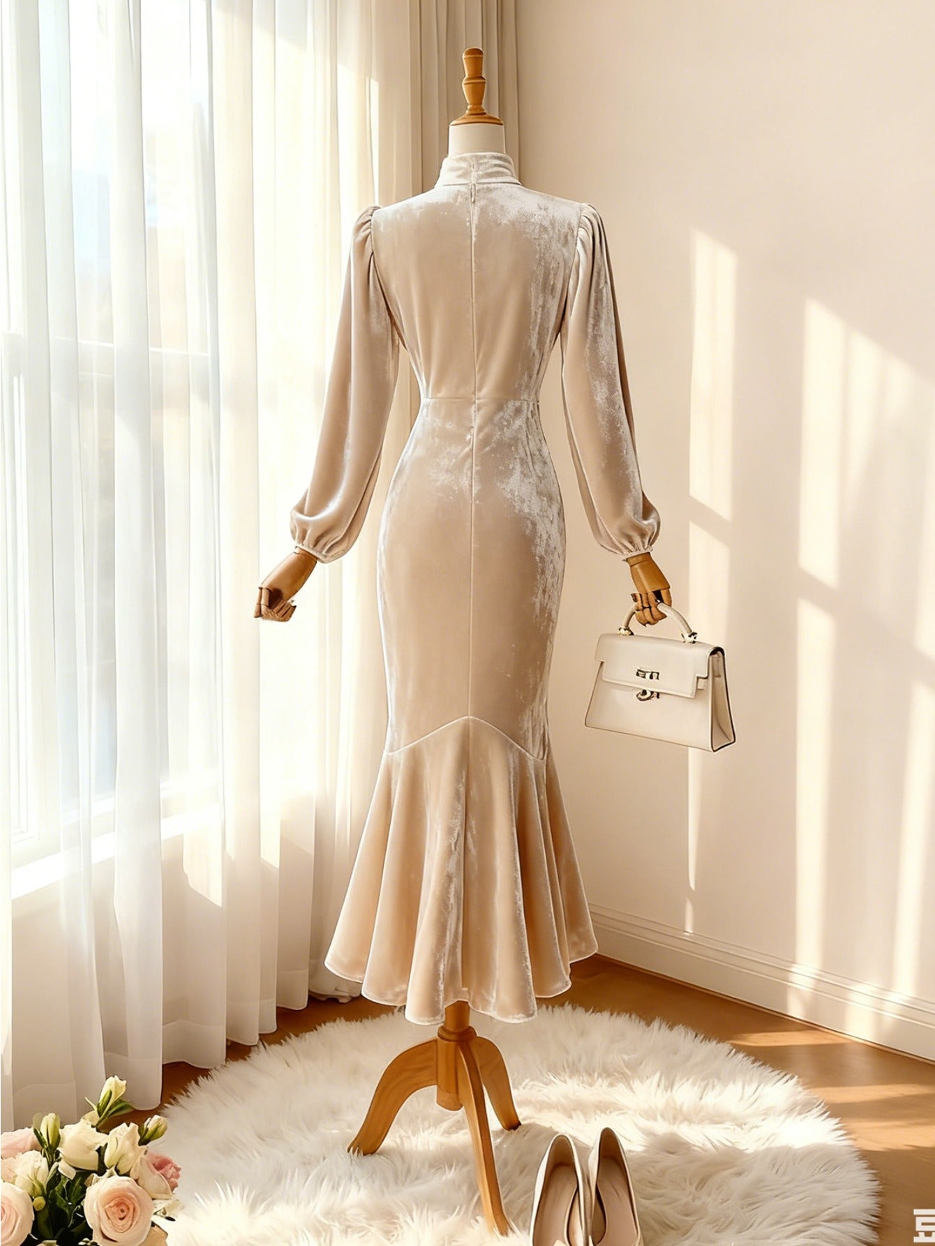 This Elegant Long-Sleeve Midi Dress Features a Mock-Neck And V-Collar Design, Perfect for Women. Its Retro And Exquisite Style Makes It Ideal for Formal Events, Romantic Outings, And Luxurious Afternoon Teas During The Fall A