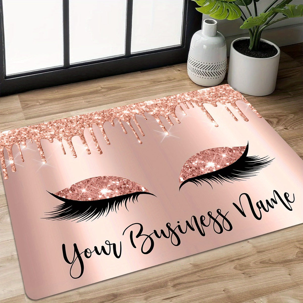 1pc Rose Golden Glitter Eyelash Design Door Mat - 10mm Thick Soft Polyester Non-Slip Rectangular Mat with Pink & Golden Glitter Eyes & Lashes, Luxury Bathroom Bedroom Entryway Decor