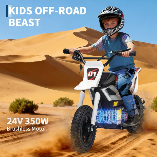 24V 350w Kids Motorcycle, 13. 67 Mph Max Speed Kids Electric Bike, Dirt Bike with Rear Wheel Suspension, Music, 12 Miles Range, Twist Grip Throttle, Metal Suspension, Rubber Tire, Leather Seats