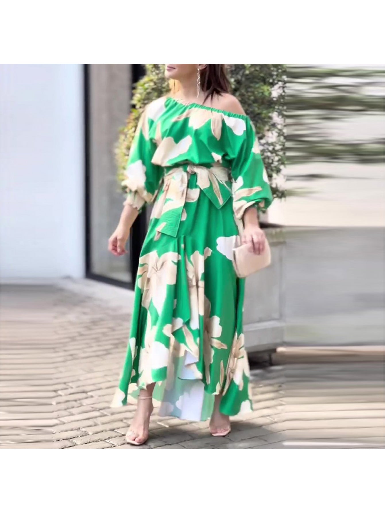2026 Spring New Temperament Elegant Print Long Sleeve Slanted Collar Loose Dress Spring Spring Wear Spring Fashion Women's Spring and Summer Dresses Spring and Summer Dresses Women's Dresses Suitable for Bridesmaids Prom Outf