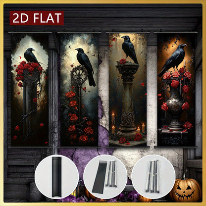 2D Flat, 2D/FLAT 4pcs Dark Gothic Style Hanging Wall Art Set, Raven and Rose Decorative Paintings - Odourless & Fade-Resistant Halloween Décor for Entryway Basement Bedroom Living Room to Add a Mysterious Ambiance, Halloween