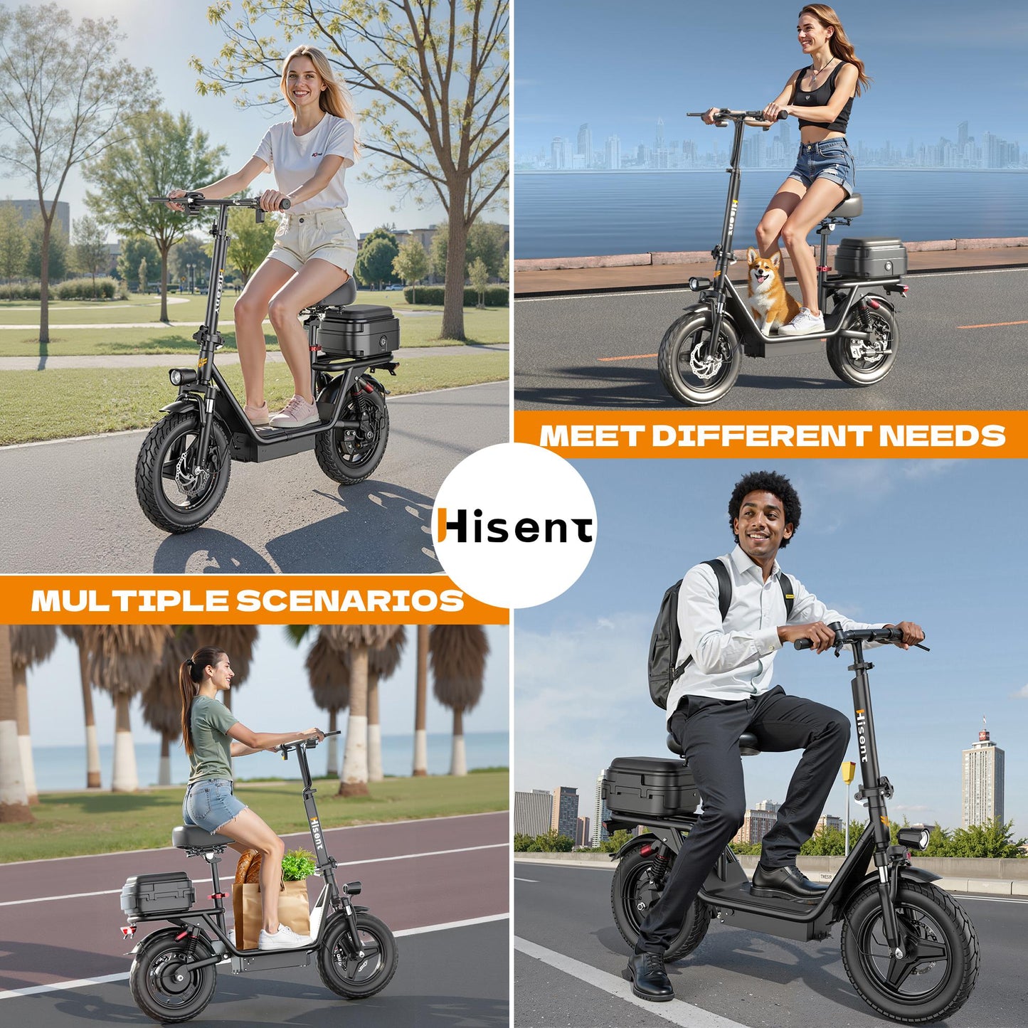Hisent Adult Electric Scooter- 20 Mph, 740W Peak Motor, 10Ah/15Ah Lithium Battery, 15-40 Mile Range, 14 Foldable With Seat And Storage Box, Dual Suspension, Dual Brake System, Ample Storage, Alloy Steel Frame Durable, Commute
