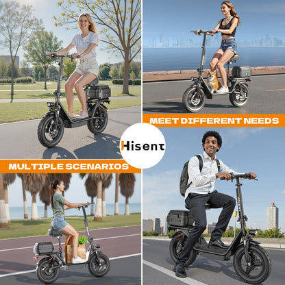Hisent Adult Electric Scooter- 20 Mph, 740W Peak Motor, 10Ah/15Ah Lithium Battery, 15-40 Mile Range, 14 Foldable With Seat And Storage Box, Dual Suspension, Dual Brake System, Ample Storage, Alloy Steel Frame Durable, Commute