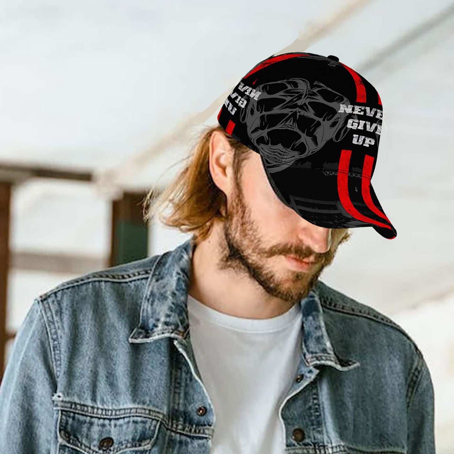 CuteHsJ Lightweight Sun Hat - Adjustable Snapback Baseball Cap with "Never Give Up" Motivational Design, Black/Red Color Scheme for Outdoor, Fishing, Halloween, Christmas, Parties - Breathable Sun Protection Hat for Men & Wom