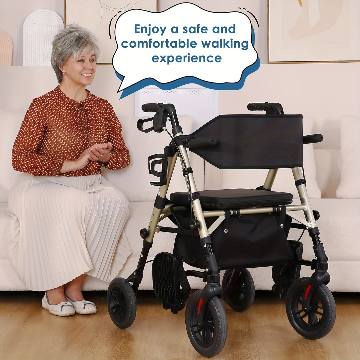 Foldable Rollator Walker with Seat - Heavy-Duty 300 lb Capacity, Lightweight 2-in-1 Mobility Aid with Adjustable Height Seat & Handle, All-Terrain Wheels, Linear Brakes, Ergonomic Backrest & Cushioned Seat - Ideal for Seniors