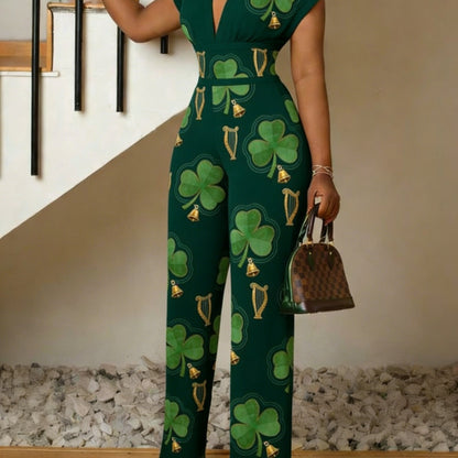 St. Patrick's Day Printed Women's Elegant Jumpsuit, Plant Leaf Pattern V-neck Jumpsuit, Women's Gift, Summer Casual Wear, Fashionable Outdoor S Women's Short Sleeved Jumpsuit, Gradient Slim Fit Jumpsuit, Machine Washable, Sof