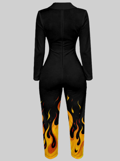 Ladies' Four-season Long-sleeved Sexy Jumpsuit, Front Zipper Design, Light Style, Fashionable Full-print, Perfect for Daily Outings and Casual Wear, Fashionable and Sexy Outfit