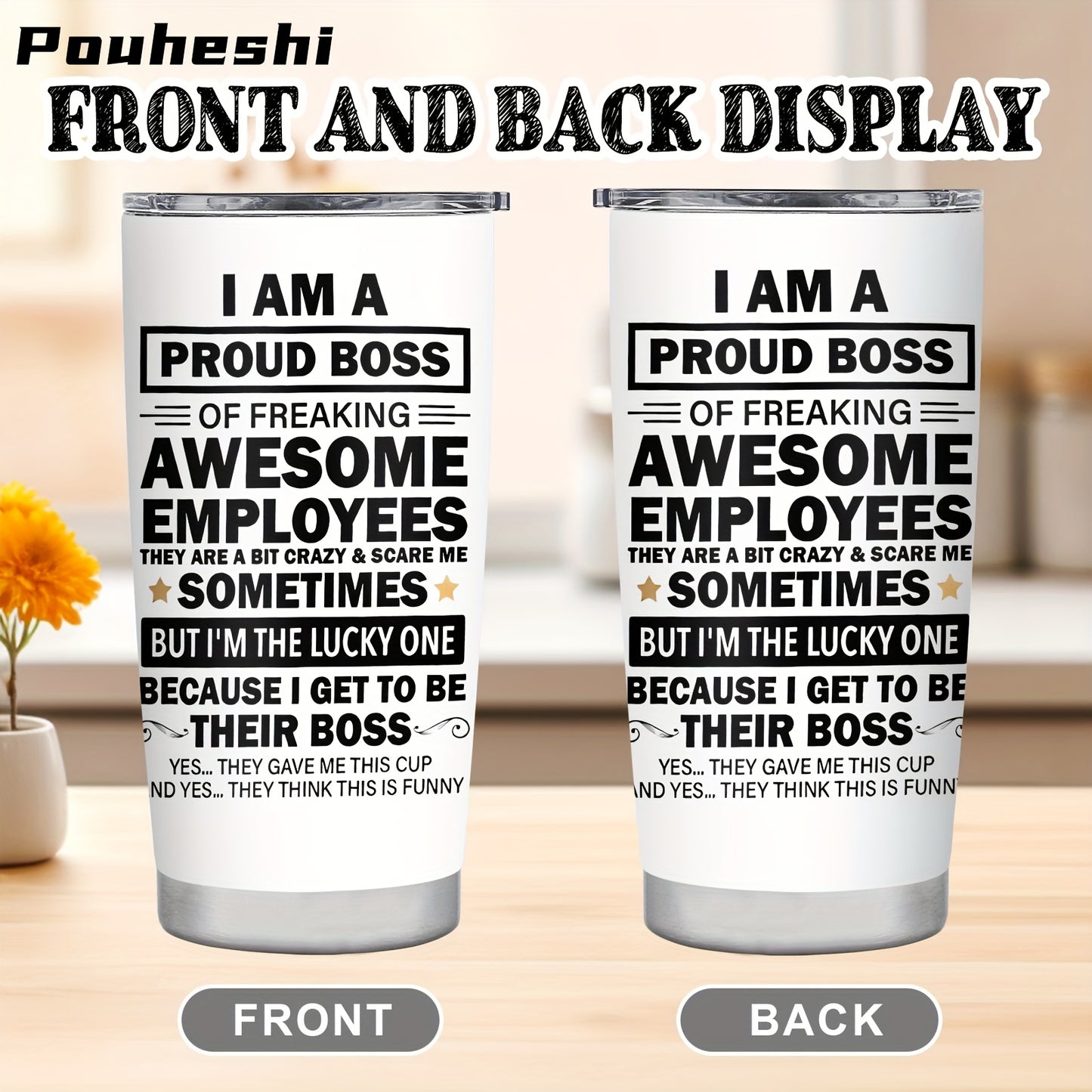 1pc POUHESHI 20oz Stainless Steel Tumbler with "I AM A Proud Boss" Humorous Design - Shatterproof, Reusable, Ideal for Office or Outdoor Use, Perfect Gift for Bosses, Campers, and Holidays, Office Drinkware | Humorous Tumbler