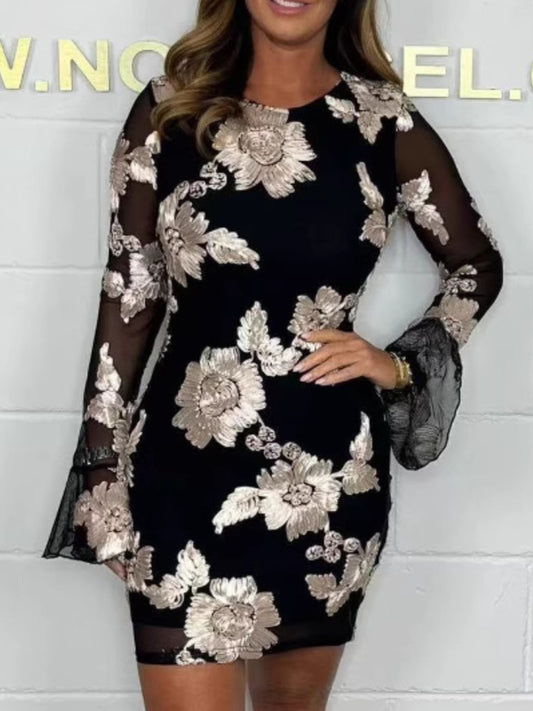 Women'S Flared Sleeves Floral Sheath Dress | Elegant V-neck, Fitted Style, Suitable for Spring/Summer, Exudes Vitality and Grace, Perfect for Various Occasions