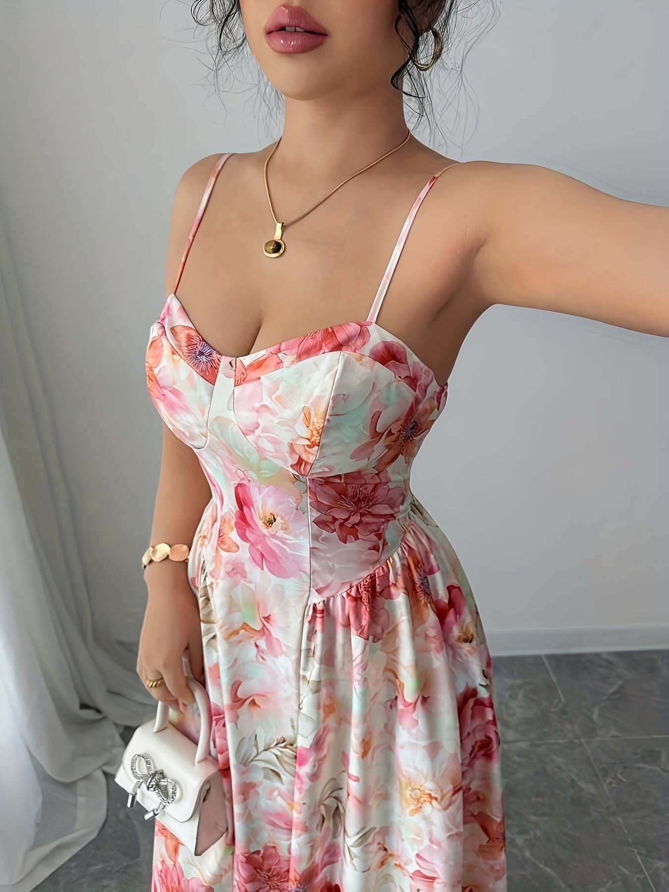 Print French-Inspired Off-Shoulder Maxi Dress with Ruffled Hem - Sleeveless, Cinched Waist, Flowy Design for Women - Perfect for Spring/Summer/Fall - Pink Floral Print on White, Cute Dress