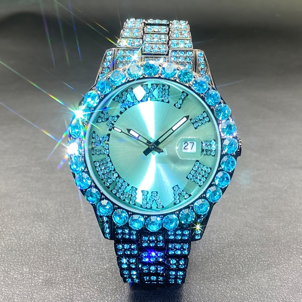 Ice Rhinestone Fashion Couple Watch Ice Blue Artificial Diamond Calendar Quartz Men'S Watch Party Women'S Watch Gift