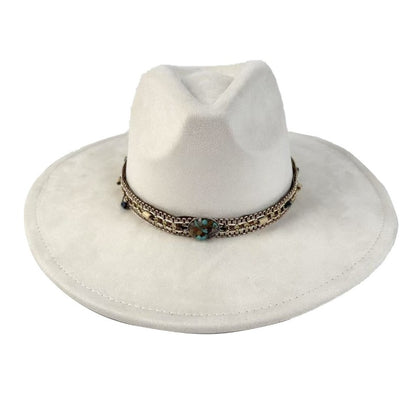 1pc Bohemian-Style Wide-Brimmed Women'S Felt Hat - with a Turquoise Bead Chain Decorative Band - Suitable for Holiday Dress-Up, Cowboy-Inspired Looks, Daily Casual Wear, And As a Photography Prop for Bohemian Home Decor, Fest