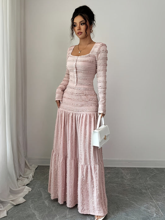 Pink Square Neck - Lace Dress for Women | Long Sleeve Top - Multi-Layer Flared Skirt Design - Perfect for Autumn/Winter Dates, Parties, and Romantic Social Occasions