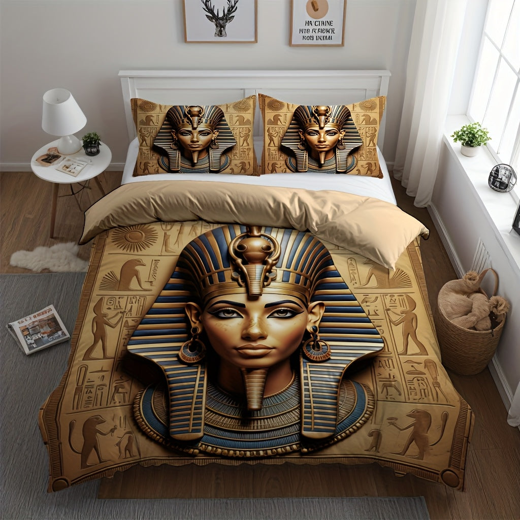 2/3pcs (1 Duvet Cover + 1/2 Pillowcase, Without Core) Duvet Cover Set, 3D Visual Effects Retro Egyptian Ancient Civilization Sphinx Pharaoh Worship Pictography Mysterious Print Soft Comfortable Bedding Set for Bedroom Dorm Ro