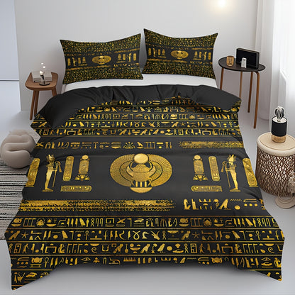 Egyptian Theme Duvet Cover Set - 3pcs Soft High-Definition Digital Print In Black And Golden - Breathable Polyester, Machine Washable - Perfect Gift For All-Season Use With Duvet Cover And Pillowcases