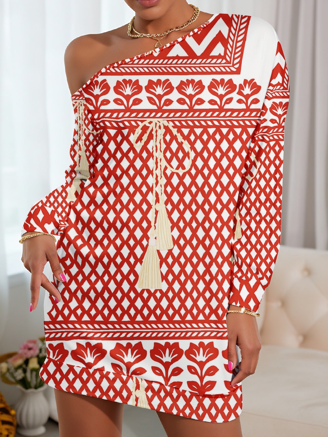 Plus Size, Elegant One-Shoulder/One-Strap Long Sleeve Dress - Red & White Geometric Floral print with Tassel Boho Dress, Fitted Party Wedding Guest Gown, Machine Washable Spring Outfit