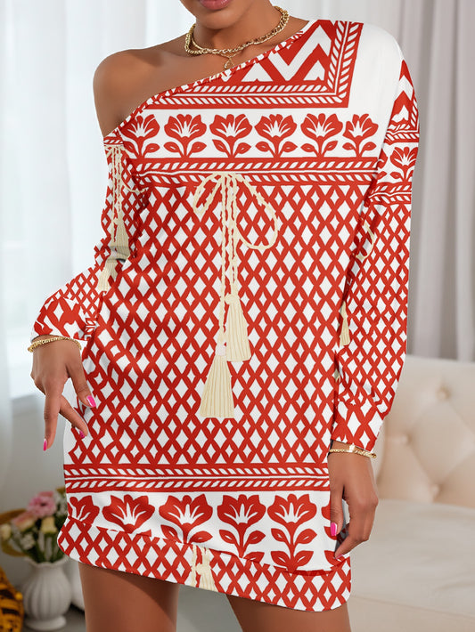Plus Size, Elegant One-Shoulder/One-Strap Long Sleeve Dress - Red & White Geometric Floral print with Tassel Boho Dress, Fitted Party Wedding Guest Gown, Machine Washable Spring Outfit