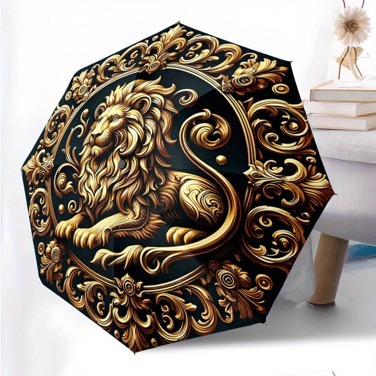 Automatic Open/Close Umbrella with Golden Lion & Ornate Swirls - Luxury Elegant Design, Auto Folding Compact Umbrella for Men/Women, Birthday/Christmas Gift - Dark Background with Golden Accents -