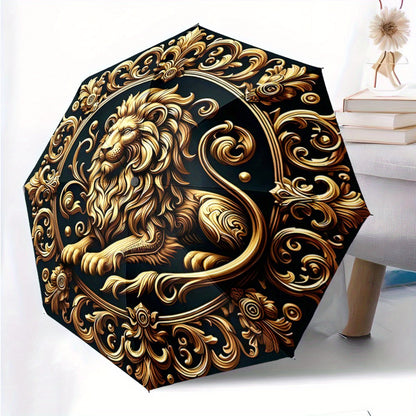 Automatic Open/Close Umbrella with Golden Lion & Ornate Swirls - Luxury Elegant Design, Auto Folding Compact Umbrella for Men/Women, Birthday/Christmas Gift - Dark Background with Golden Accents -