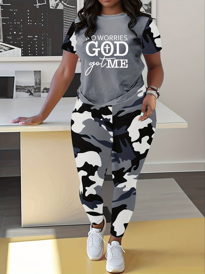 No Worries, God Got Me Camouflage Print Spring And Summer Short-sleeved Round Neck T-shirt Camouflage Print Tight Trousers Suit Spring And Summer S Leisure Two-piece Suit, Casual Wear, Leisure Outfit, Short Sleeve Top, Tight
