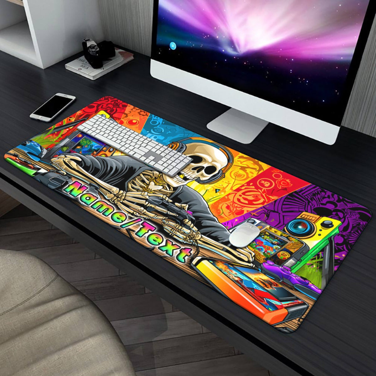 Customizable Skull Music Gaming Mouse Pad - XXL Multi-Functional Desk Mat with Vibrant Headphone & DJ Setup Design, Personalized Name/Text, Durable Rubber Base for PC, Office, Gaming - Unique Gift for Gamers & Music Lovers, M