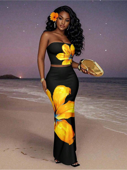 Sexy Leopard Print& Floral Pattern Halter Crop Top And Mermaid Skirt 2pcs Set, Casual& Sexy Style, Suitable for Summer Vacation