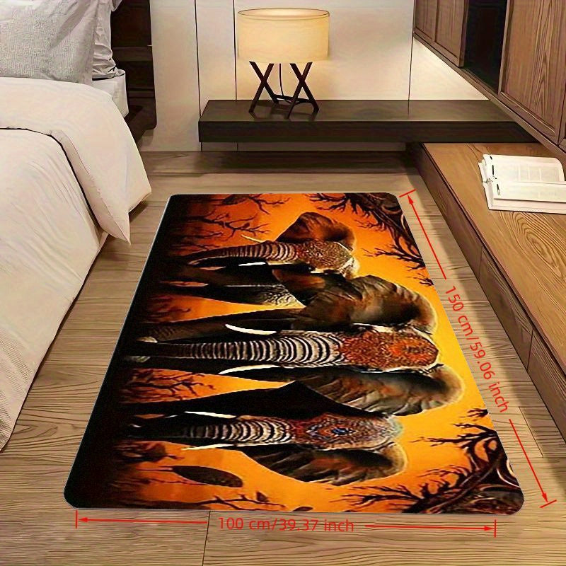 3-Elephant African Tribal Mat - Large Rectangular Floor Mat with Warm Brown/Beige/Black/Orange/ Golden/Gray Tones, Non-Slip Machine Washable Polyester Mat for Living Room, Bedroom, Entryway, Patio - Modern African Decor for H