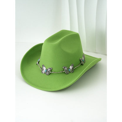 Women'S Bohemian Turquoise & White Cowboy Hat - Felt Wide Brim Sun Hat with Butterfly Metal Chain Accent, Non-Stretch Formal & Western Style for Christmas, Festivals, Casual Attire - Hand Washable Elegant Felt Cowboy Cap, Cow
