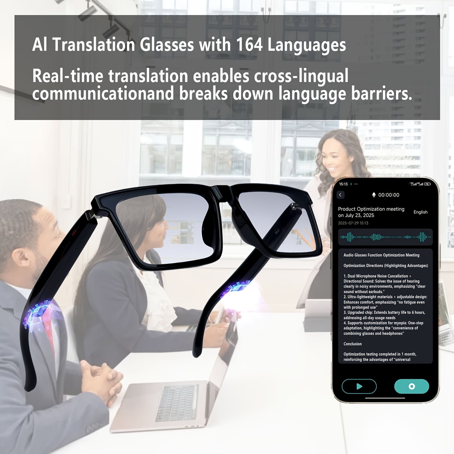 AI Translation Smart Glasses with 160+ Languages Support, Built-in, Charging, Photochromic Lens & Voice Call/Music/Translation - Real-Time Language Interpreter, Smart Glasses for Men & Women,, Driving, Office, Smart Audio Gla