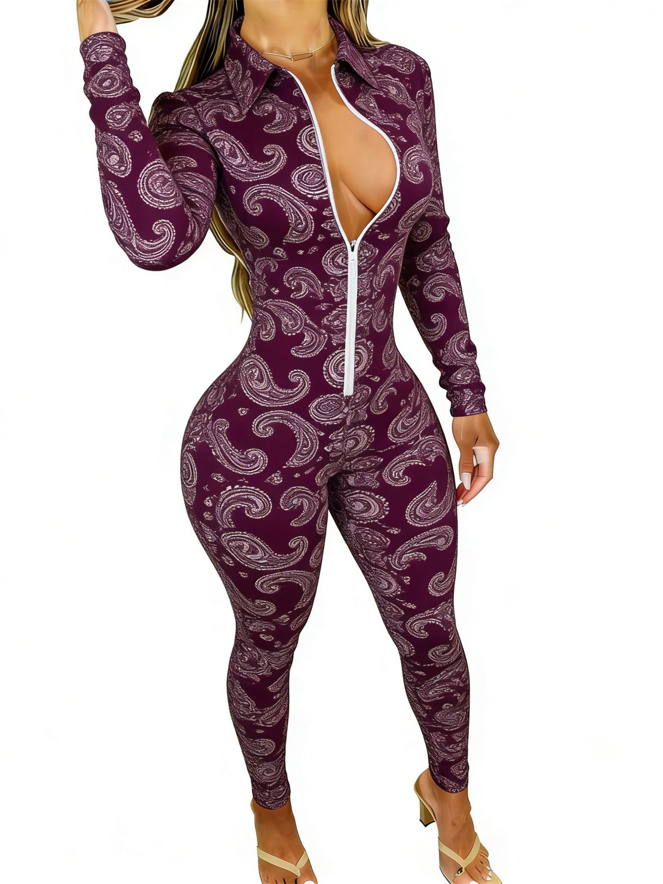Women's Long Sleeve Slim-Fit Jumpsuit with Trendy Paisley Print - Purple Style Perfect for Daily Outings & Casual Occasions, Available in Sizes 2XS-2XL