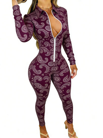 Women's Long Sleeve Slim-Fit Jumpsuit with Trendy Paisley Print - Purple Style Perfect for Daily Outings & Casual Occasions, Available in Sizes 2XS-2XL