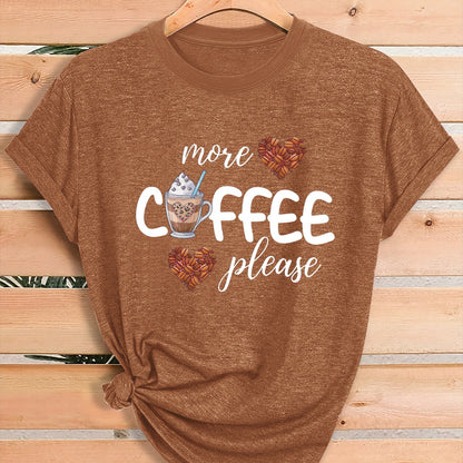 Women'S Coffee Lover Graphic T-Shirt - "More COFFEE Please" Print with Coffee Beans & Heart Eyes - Soft Stretch Round Neck Casual Streetwear Top for Gym, Casual Attire & Coffee Shop Outfits - All-Season Comfort Fit Tee, Coffe