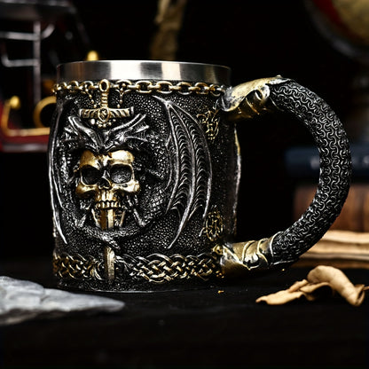 Medieval Collectible Drinkware (Hand Wash Only) - 2024 Dragon Warrior Gothic - 3D Dragon & Skull Coffee Mug & Beer Cup - Stainless Steel Insulining Cup with Celtic Knot Design - Viking-Themed Gift for Men - Christmas - Hallow