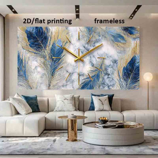 1pc Extra Large Modern Minimalist Wall Clock Canvas Poster - Frameless Large Wall Decor with Blue Feather Design, Beige & Golden Accents - Easy Hanging Installation for Living Room, Bedroom, Office - Contemporary Home Decorat
