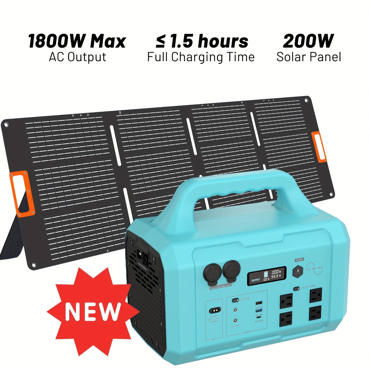 1800W Portable Generator 200W Solar Panel, 120V AC Output, 2-Hour Full Charging Time, Compact Design for Camping, RV, Home & Commercial Use, 1024Wh Solar Generator, Outdoor Power Station, Modern Power Station, Durable Power S