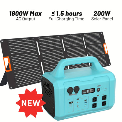 1800W Portable Generator 200W Solar Panel, 120V AC Output, 2-Hour Full Charging Time, Compact Design for Camping, RV, Home & Commercial Use, 1024Wh Solar Generator, Outdoor Power Station, Modern Power Station, Durable Power S