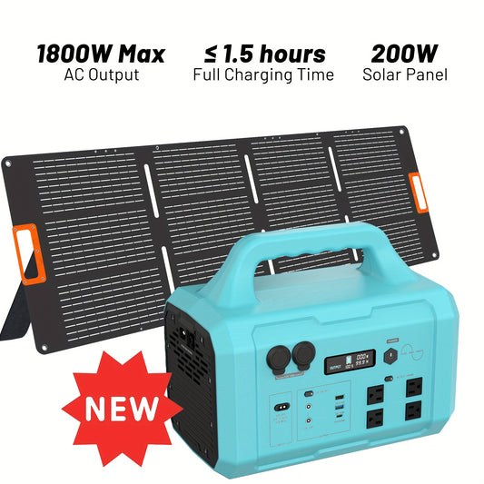 1800W Portable Generator 200W Solar Panel, 120V AC Output, 2-Hour Full Charging Time, Compact Design for Camping, RV, Home & Commercial Use, 1024Wh Solar Generator, Outdoor Power Station, Modern Power Station, Durable Power S