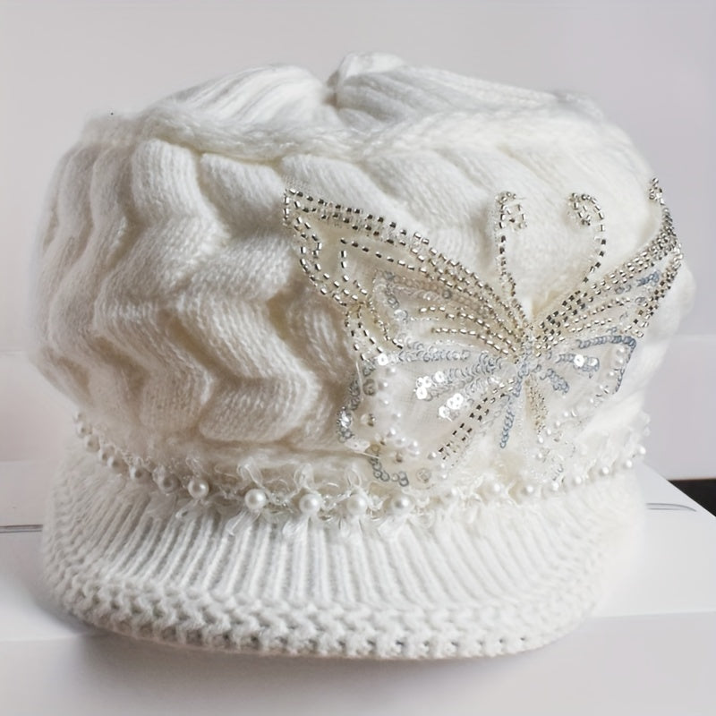 [Elegant Winter Hat] Women'S Winter Hat - Elegant White with Floral-like Decoration, Lightweight Warm Beanie for Cold Weather, Formal & Everyday Outfits - Easy Care (Hand Wash/Dry Clean) - Perfect Gift for Women, Ladies Winte