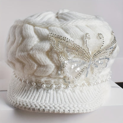 [Elegant Winter Hat] Women'S Winter Hat - Elegant White with Floral-like Decoration, Lightweight Warm Beanie for Cold Weather, Formal & Everyday Outfits - Easy Care (Hand Wash/Dry Clean) - Perfect Gift for Women, Ladies Winte