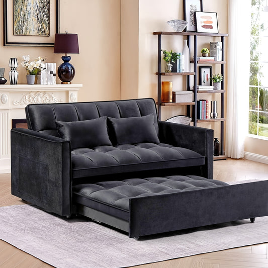 54" Black Velvet 3-in-1 Convertible Sofa Bed with Adjustable Backrest & Pull-Out Sleeper - Space-Saving Sleeper Sofa with Storage Pocket, Hardwood Frame, Modern 2-Seater for Small Apartments, Living Room, Guest Room - No Asse