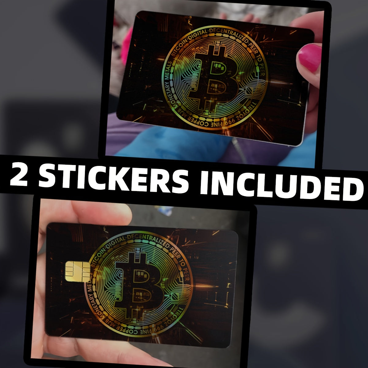 2pcs Bitcoin Pattern Laser-Cut Cool Light Effect Stickers - Anti-Theft Privacy Protection Card Skins for Credit/Transaction/Access Cards, Gift (4.96x3.78inch)