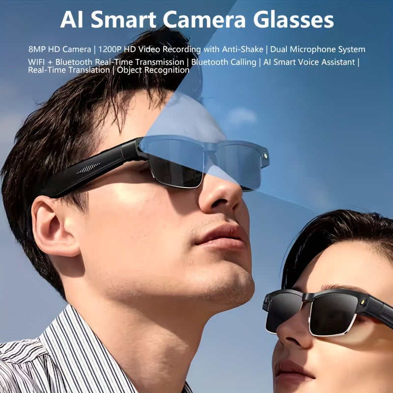 AI Smart Glasses, Equipped With An 8-megapixel Camera, 1080P High-definition Video Recording, Wireless Connection And Wi-Fi Transmission, AI Chat And ChatGPT Model - Wireless Call Music Playback, Real-time Translation Device,