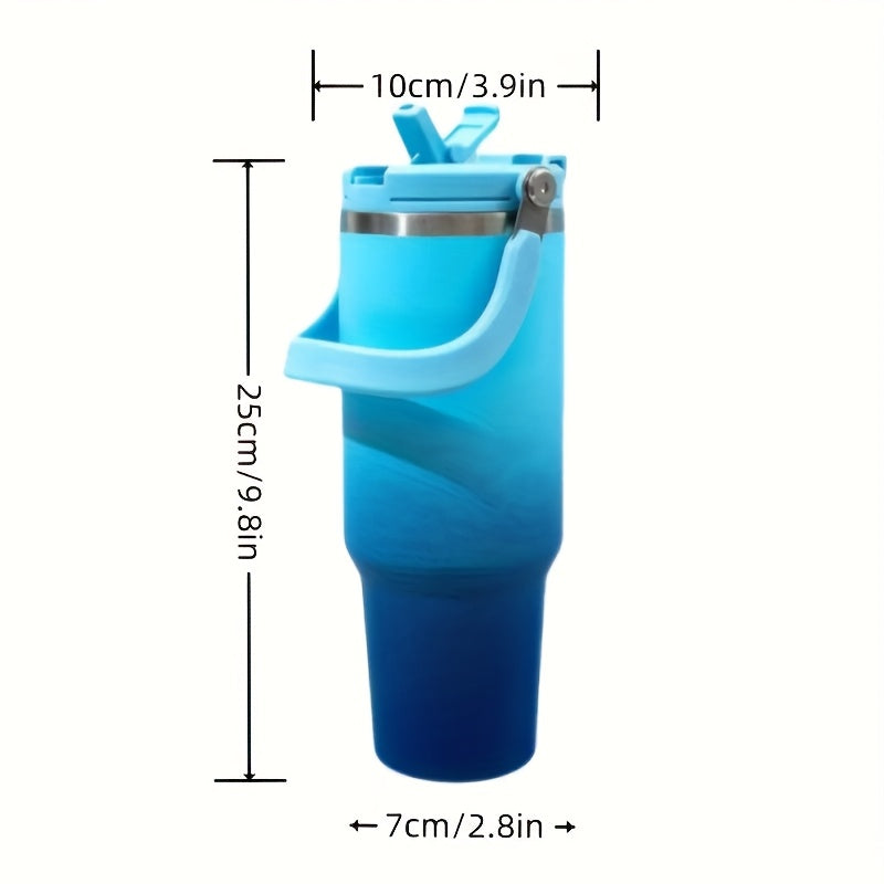 1pc 30oz Stainless Vacuum Thermos Water Bottle with Double Straws & Carry Handle - Gradient Color (Turquoise/Mint/Pastel Pink/Purple/Navy) Leakproof Large Capacity Thermos Flask for Travel, Gym,,, -, Tumbler Water Bottle, Tum