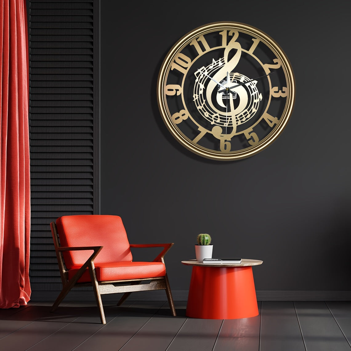 [1pc Music Note Wall Clock] 1pc Music Note Design 16-Inch Metal Wall Clock, Silent Mechanical Movement, Round Shape, Battery Operated with AA Battery (Not Included), Perfect for Classroom, Living Room, Party, Hallway, Housewa