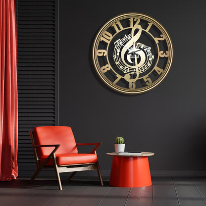 [1pc Music Note Wall Clock] 1pc Music Note Design 16-Inch Metal Wall Clock, Silent Mechanical Movement, Round Shape, Battery Operated with AA Battery (Not Included), Perfect for Classroom, Living Room, Party, Hallway, Housewa