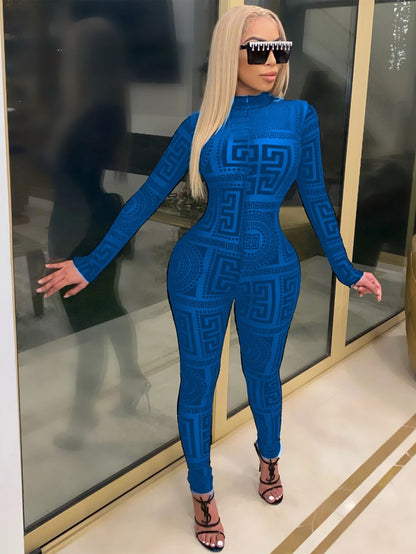 Women's Sexy Sheer Mesh Jumpsuit - Long Sleeve High Neck Bodysuit - Semi-Sheer Transparent Outfit (S-XXL) - Machine Washable All-Season Wear for Parties - Fashion Events - Tight-Fitting Lingerie Suit