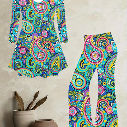 Plus Size, Women's Bohemian Print Jumpsuit- Loose Top and Flared Pants, Vibrant Multicolor(Turquoise, Pink, Yellow, Green, Purple, Orange, Red)