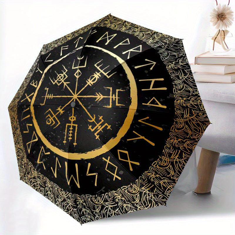 Viking Vegvisir Compass Umbrella - Cartoon Design, Portable Folding with Durable Iron Frame & 8 Ribs, All-Season Use for Home, Travel, Outdoor - Black with Golden Accents, Travel Umbrella, Outdoor Protection, Cartoon Umbrella